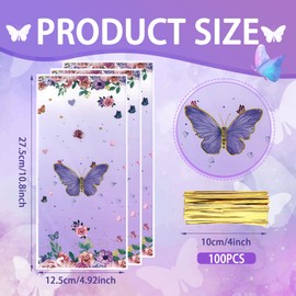 100 PCS Butterfly Cellophane Treat Bags - Floral and Butterfly Print Goodie Bags with 100 Twist Ties for Birthday Party, Baby Shower, Candy Buffet, and Themed Celebrations