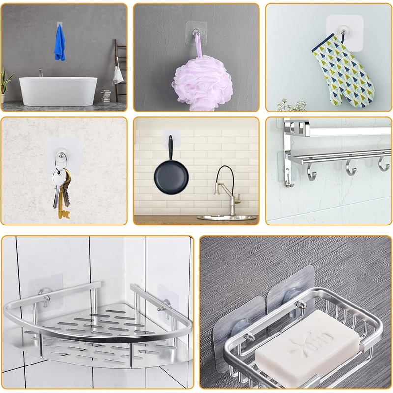 Celbon Transparent Shower Caddy Adhesive Hooks, 4-Pack, Strong Sticker Pads
