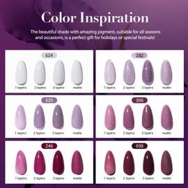 AZUREBEAUTY Dip Powder Nail Set, 6 Colors Fall Winter Purple Rose Red Glitter Natural Dipping Powder Starter Kit, French Nail Art Manicure DIY Salon, No Need Nail Lamp Cured