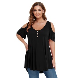 LARACE Cold Shoulder Tops for Women Plus Size V Neck T Shirts Short Sleeve Summer Clothes Tunics to Wear with Leggings (Black 3X)
