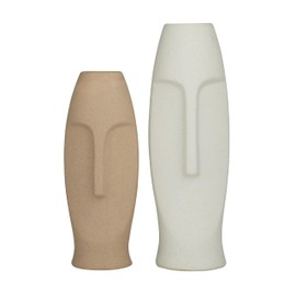 Deco 79 Ceramic Tribal Decorative Vase Easter Island Head Centerpiece Vases, Set of 2 Flower Vases for Home Decoration 15", 12"H, Beige