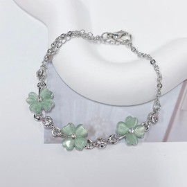 OIDIMS Unique Four Leaf Clover Bracelet for Women Lucky Link Shamrock Bracelets Cute Cat Eye Crystal Jewelry Student Best Friend Christmas Birthday Gifts St.Patrick's Day Holiday Accessories (Green)
