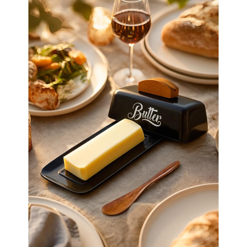 Black Butter Dish with Lid and Knife，Black Butter Tray，Ceramic Butter