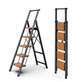 WOA WOA 5 Step Ladder, Ladders for Home, Anti-Slip Pedals, Aluminum Step Stool Foldable, Lightweight to Move, Ease of Storage, Reach 10ft for Closet Kitchen Library, Hold 300lbs - Black&Wood Grain