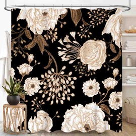 Black Gold Floral Shower Curtains, Retro Vintage Boho Floral Peony Rose Flower Blossom Botanical Elegant Aesthetic Art Decor Chic Waterproof Fabric Bathroom Shower Curtain Set with Hooks, 72"x72" Inch