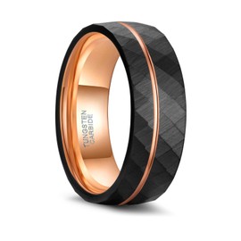 Greenpod 8mm Tungsten Carbide Rings for Men Hammered Rose Gold Line Multi Faceted Wedding Band Women Brushed Matte Finished Comfort Fit Size 9