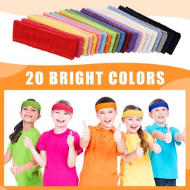 Jiuguva 120 Pcs Kids Sweatbands Headbands Sports Colorful Sweat Band 80s Athletic Sweat Headbands Bulk Hairband for Boys Girls Children Youth Brace Soccer Yoga Outdoor Activities, 20 Colors