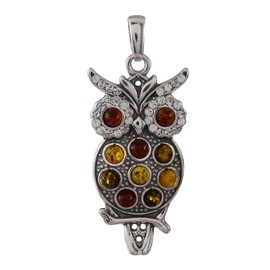 HolidayGiftShops Amber Jewelry for Women - Sterling Silver and Baltic Multicolored Amber Owl Pendant, Includes 925 Sterling Silver Chain, Made in Poland