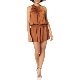 Ramy Brook Women's Shiny Paris Sleeveless High Neck Dress, Copper, L