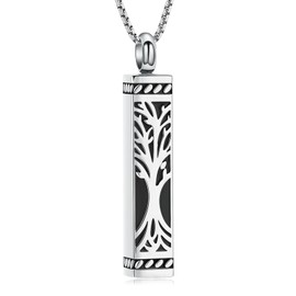 Imrsanl Tree of Life Urn Necklace for Men Women Bar Cremation Jewelry for Ashes Keepsake Ashes Necklace Pendent (Silver)