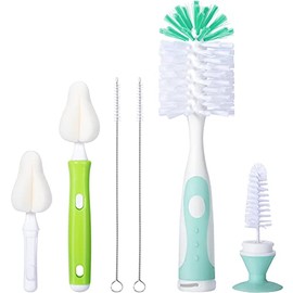 CAREBABYMORE Baby Bottle Brush with One Base Hidden Nylon Nipple Cleaner, 2 Pcs Sponge Nipple Brushes, 2 Pcs Straw Brushes, Bottle Brush with Nipple C