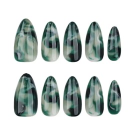Press on Nails for Women Medium Almond Fake Nails French Tips Emerald Designs Acrylic Nail Fake Nails Press 24 Pcs (Emerald-25, Nails-25)