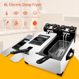 Yangbowan Deep Fryer with Basket, 5.4QT/6L Fryer Pot with Basket, 2600W Double Deep Fryer with 2 Baskets, Timer Control Adjustable Temperature,Lid with Viewing Window, Perfect for Home, Fry Fish