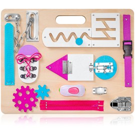 Montessori Busy Board for Toddlers, Wooden Sensory Toys, Kids 1-3 Travel Toy, Preschool Learning Activities for Fine Motor Skills, Basic Life Skills Educational Gifts for 1 2 3 Years Old Girls (Pink)