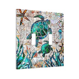 Nautical Teal Green/Blue Sea Turtles Beach Double Toggle Wall Plate Tropical Summer Hawaiian Ocean Marine Starfish Decorative 2-Gang Light Switch Cover Electrical Receptacle Outlet Face Plate Cover