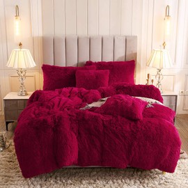Uhamho Luxury Fluffy 1PC Solid Duvet Cover Faux Fur Plush Shaggy Quilt Cover Velvet Bedspread Zipper Closure, No Pillow Sham, No Comforter (Burgundy, Queen)
