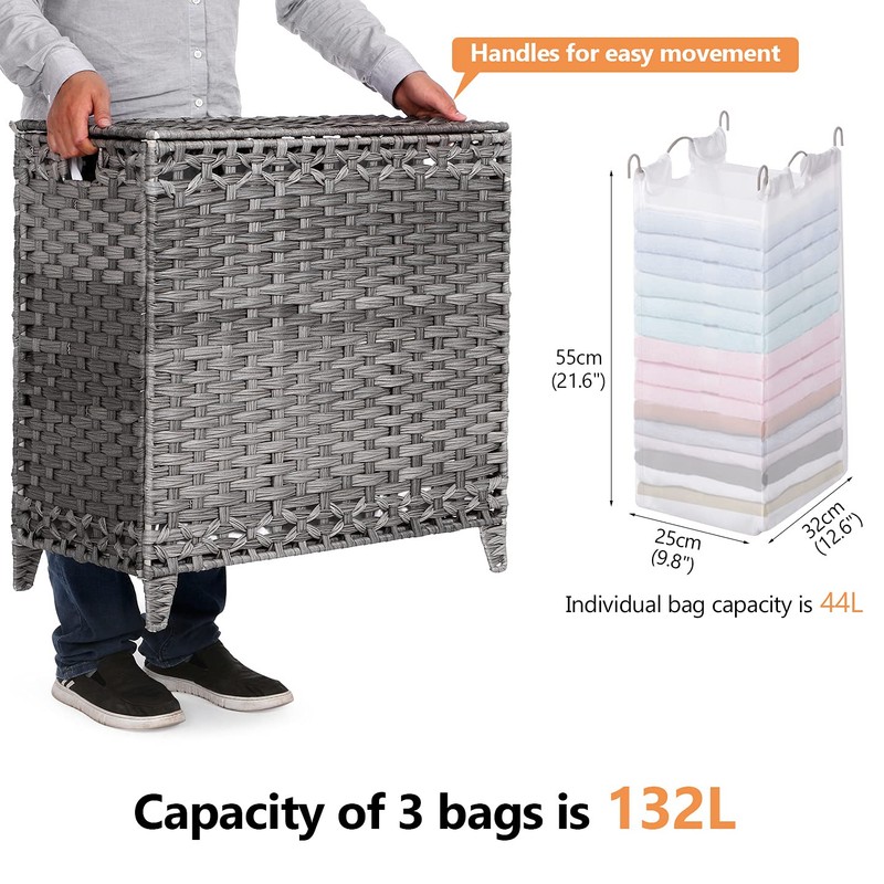 Laundry Hamper with 3 Removable Liner Bags; 132L Handwoven Rattan