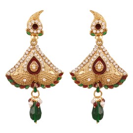 Touchstone Indian Bollywood Traditional Handcrafted Paisley Motif Enamel Diamante Designer Crystal Jewelry Colorful Long Earrings Jhumki In Antique Gold Tone For Women.