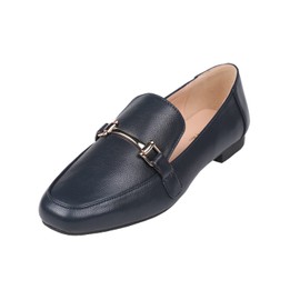 Feversole Mocasines de moda para mujer, Ribete de barra azul marino de grano Pu, 6 US