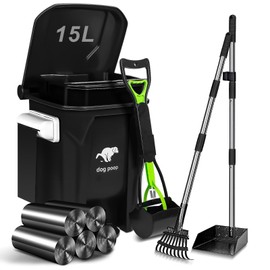 Uppcasir Dog Poop Trash Can Outside with Pooper Scooper and Metal Rake & Tray, Dog Waste Trash Can with Lid, Pedal and Removable Inner Waste Bin, Outdoor Dog Poop Trash Can with 100 Bags, Black