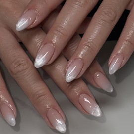 LRKNNO Glitter Nude White Press on Nails Medium Almond Fake Nails Glossy Gradient Acrylic Nails French Press on Nails with Designs Artificial False Nails Full Cover Stick on Nails for Women 24 Pcs