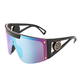 FEISEDY Gafas de sol de gran tamaño B4027 de una pieza para hombres y mujeres, ciclismo, conducción, vacaciones, Marco negro y lente de espejo azul, 75mm