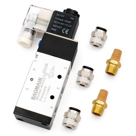 Baomain Pneumatic Solenoid Valve 4V310-10 DC12V PT 3/8" 2 Position 5 Way Single Coil Pilot-Operated Electric Control with 3 Fitting and 2 muffler (DC 12V)