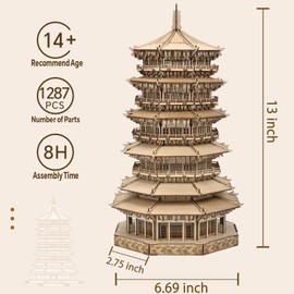 3D Wooden Puzzles for Adults - Wooden Pagoda 3D Puzzle, Creative Crafts for Adults, Birthday Christmas Party Favors, Home Decor Gift - Six-Storied Pagoda with LED Light (1287pcs)