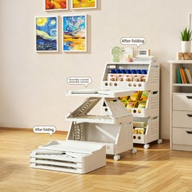 UFORU 4 Tier Rolling Storage Cart, Plastic Open Storage Basket with Wheels,Foldable Storage Shelf for Kitchen, Bathroom, Bedroom, Living Room, Books, Toys