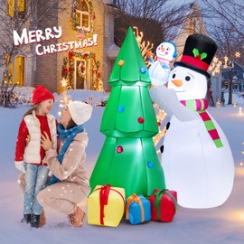 Tangkula 6 FT Inflatable Christmas Tree with Snowmen & Gift Boxes, Tall Blow up Xmas Decoration with Bright LED Lights, Built-in Sandbags & Stakes, Indoor Outdoor Self Inflating Yard Decor for Party