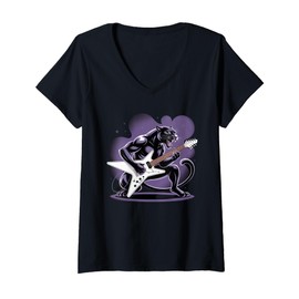 Womens Kids Black Panther Playing Guitar Rock Star Rock and Roll V-Neck T-Shirt