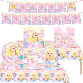 171pcs Birthday Party Supplies Singer Paper Plates Napkins Cups Plastic Tablecloths Music Singer Tableware Set Birthday Party Decorations Serves 24 Guests (Pink Singing Girls)