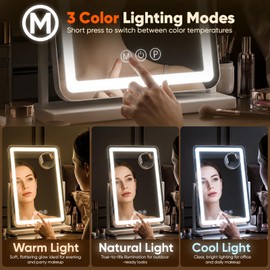 Vanity Mirror with Lights, 33"X23" Lighted Makeup Mirror, Smart Touch, 3 Color Modes and Brightness Adjustable, LED Vanity Mirror with Detachable 10X Magnification, 360° Rotation for Makeup Desk