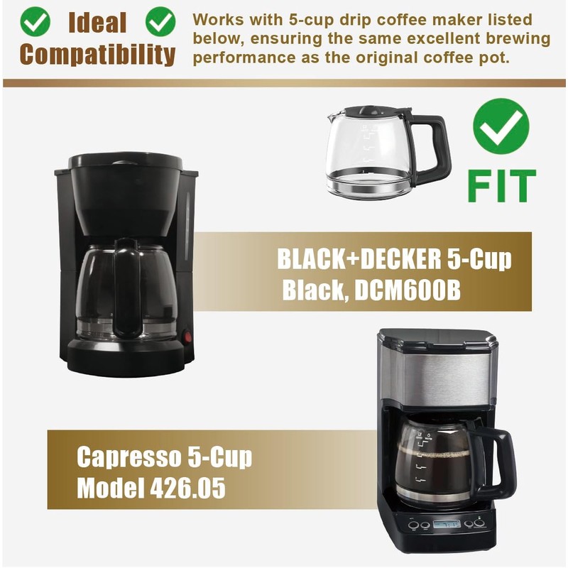 5 Cups Glass Coffee Maker Pot Replacement, Compatible with Black