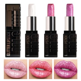 MLSMILE 3PCS Glitter Lipstick Sets for Women,Women's Diamond Shiny Matte Lip Gloss,Long Lasting Smudgeproof Non-Stick Lipstick,Lip Stick Lip Stain Makeup Gift Sets,Labiales mate 24 horas originale
