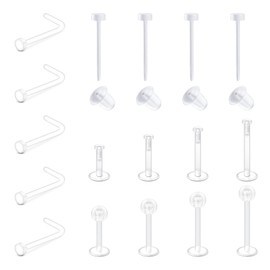 D.Bella Clear Piercing Retainer Set Bioflex Clear Nose Lip Labret Stud Septum Hoop Eyebrow Tongue Belly Button Piercing Ear Ear Earring Cartilage Plastic Industrial Retainer, Plastic