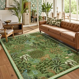 GarveeHome Jungle Animal Print Rug 5x7 Washable Area Rugs for Living Room, Forest Rug Non Slip Low Pile Stain Resistance Large Throw Carpet for Bedroom Dining Room Kids Playroom Nursery, Green