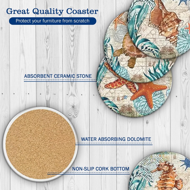 Coasters for Drinks, Round Absorbent Ceramic Stone Coasters with Cork
