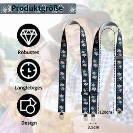 Scinzene Braces with Black Edelweiss Pattern for Men at Oktoberfest and Costume Events - Robust and Elastic Costume Accessories Men, Adjustable Length and Non-Slip for Fancy Dress