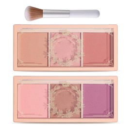 2Pcs 3 Colors Blush Palette for Cheeks with Make Up Brush,Face Matte Contour Blush Makeup Palette,Buildable Shimmer Facial Cheek Blusher Shades,Blendable Cosmetic Makeup Blush