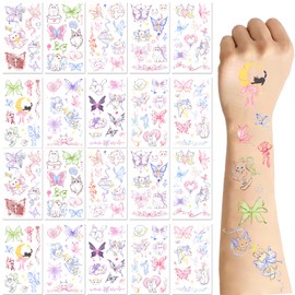 BSITSSS 20 Blätter Temporäre Tattoos Schmetterling Katze, Handgemalt Bunte Tattoos zum Aufkleben, Fake Tattoo Temporary Tattoo für Frauen Damen Mädchen Party Deko Geschenke