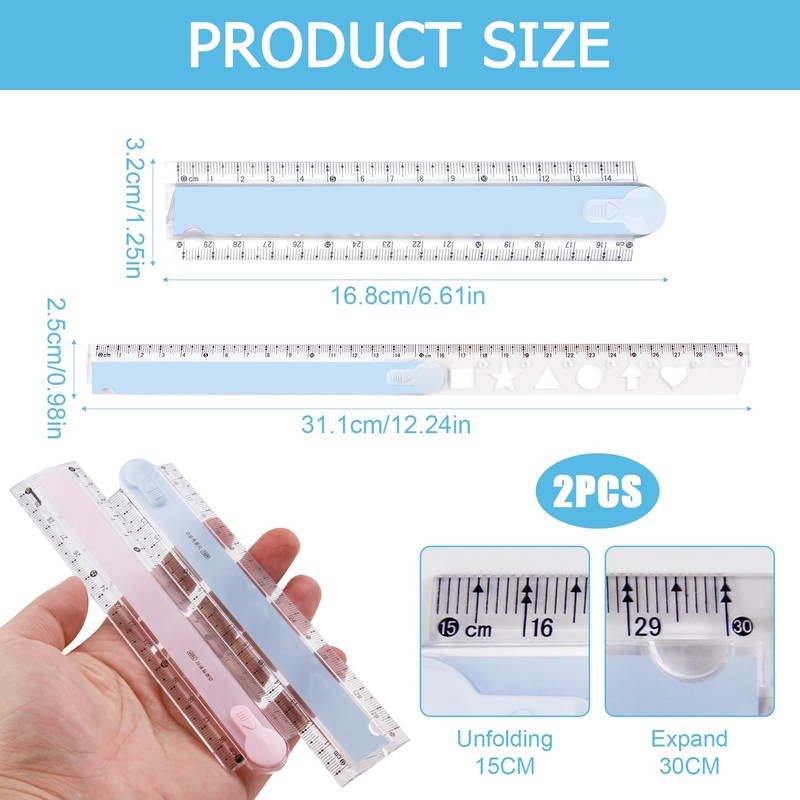 2 Packs Foldable Ruler 30cm Folding Ruler Plastic Transparent Folding