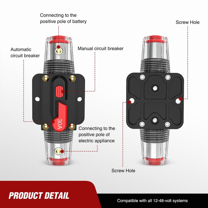 Nilight 30A Inline Circuit Breaker Resettable 12-24V DC Manual Reset