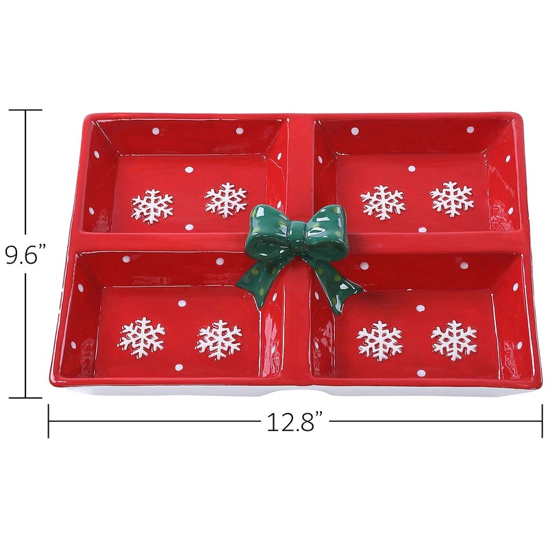 Festive Red Snowflake Christmas Themed Winter Holiday Ceramic 4-Section Server