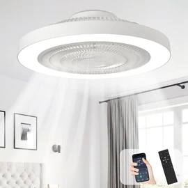 Depuley Modern Ceiling Fan with Light: 19" Bladeless Flush Mount Low Profile LED Ceiling Fans with Remote APP Control - White Enclosed Fandelier Dimmable Quiet for Bedroom Kids Room Apartment Loft
