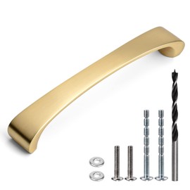 WEAVERBIRD 6 Pack Brushed Brass Cabinet Handles Kitchen Cabinet Pulls Zinc Alloy Drawer Pulls for Bathroom Cabinet Hardware 5.6" Length, 5" Hole Centers