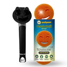 The Original Smiling Sponge Handle Soap Dispensing Handle by Smilyeez - (Black) & 3 Orange Scrub Moji Sponges