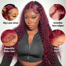 99j Burgundy Lace Front Wigs Human Hair 13x6 Deep Wave Lace Front Wigs Human Hair Pre Plucked 200 Density HD Transparent Wet and Wavy Red Color Curly Wig Human Hair for Women with Baby Hair 14 Inch