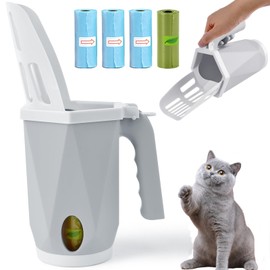 HITHOTMMA Cuchara para Arena para Gatos, 2 en 1 Pala Gato,Kit de Pala para Arena para Gatos, Portátil Sistema de Cuchara para Tamiz de Arena para Gatos, con 60 Bolsa de Basura,Desmontable (Gris)
