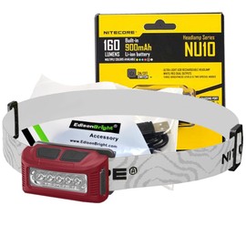 Nitecore NU10 160 Lumen USB rechargeable LED headlamp/worklight and EdisonBright brand USB charging cable bundle (Red)